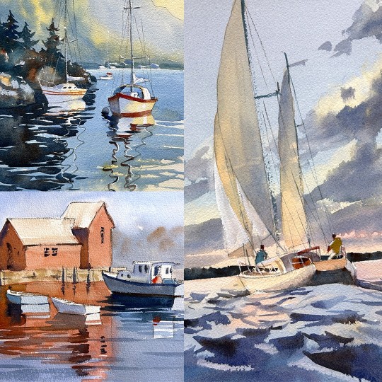 Watercolor Boats and Water